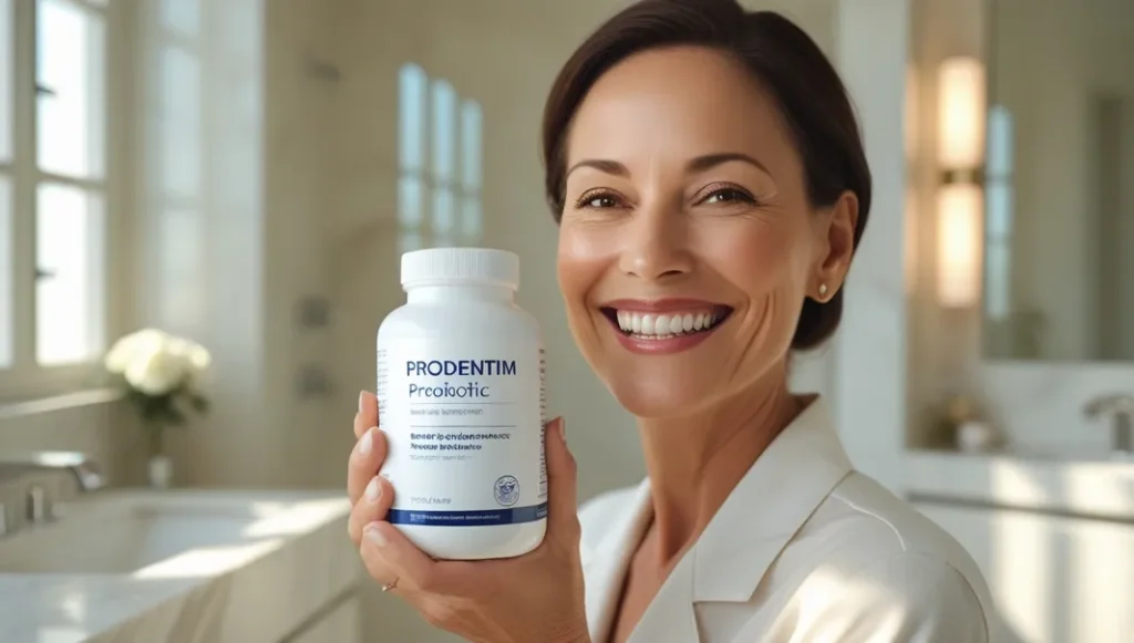 Woman with a bright smile holding ProDentim supplement — promoting healthy teeth and gums naturally.